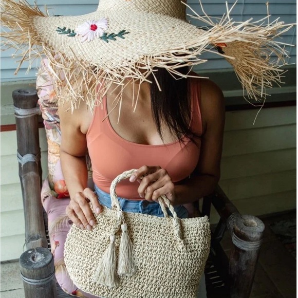 Charlotte Sunhat Colorful Embroidered Floral 100% Raffia Wide Brim with… - Picture 4 of 11